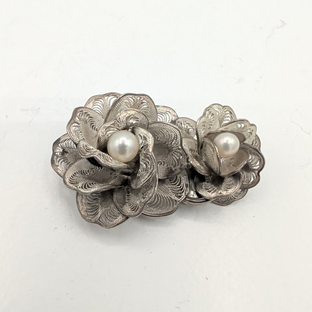 Vintage‎ Silver Filigree Double Flower Pin Brooch with Pearls 14.6g